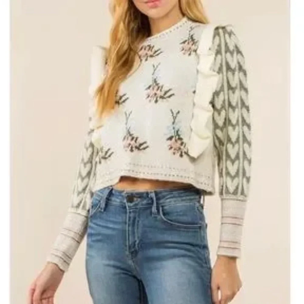 CIDER Ruffle Cream Pink Blue Knit Sweater w Balloon Sleeves like LOVESHACK FANCY